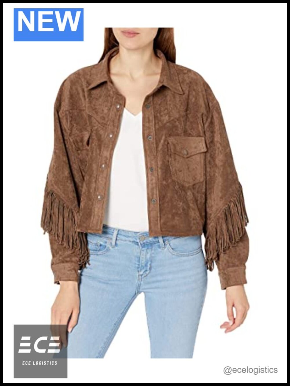 Faux Suede Fringe Jacket Long Sleeve Snap Front Collared